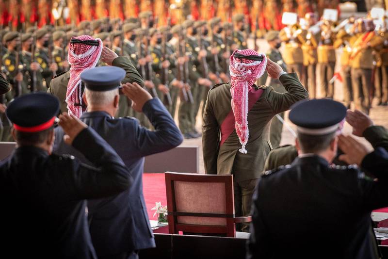 King Abdullah II, the Supreme Commander of the Jordan Armed Forces-Arab Army, accompanied by Crown Prince Al Hussein, attends JAF and security agencies’ ceremony marking the state’s centennial. Courtesy Royal Hashemite Court