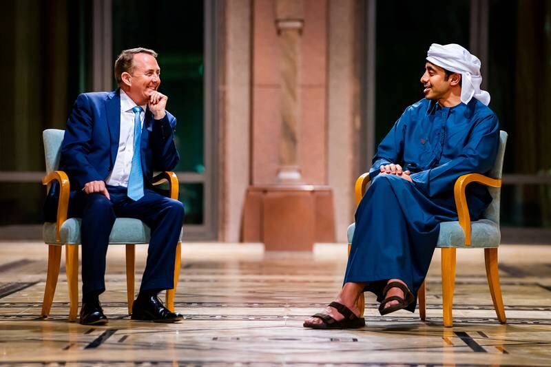Sheikh Abdullah bin Zayed, Minister of Foreign Affairs and International Co-operation, holds talks with former UK defence secretary Liam Fox, who led a UK delegation to the Emirates. Photo: Wam