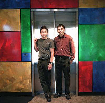 Google founders Sergey Brin, left, and Larry Page at the company's HQ in Mountain View, California, in 2003. Getty Images