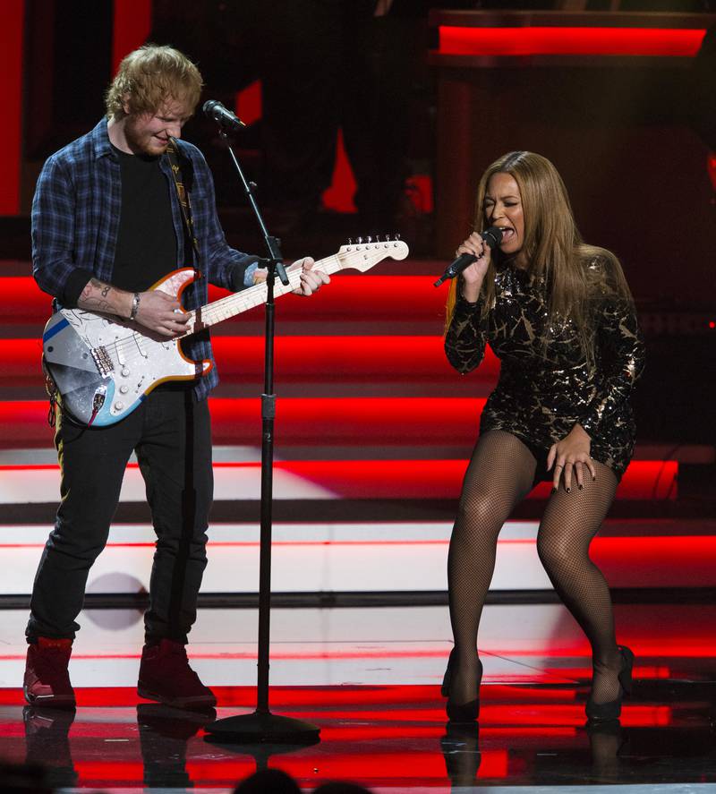 Beyonce and Ed Sheeran perform a medley during the taping of 'Stevie Wonder: Songs In The Key Of Life - An All-Star GRAMMY Salute' concert at Nokia theatre in Los Angeles, California February 10, 2015. Reuters