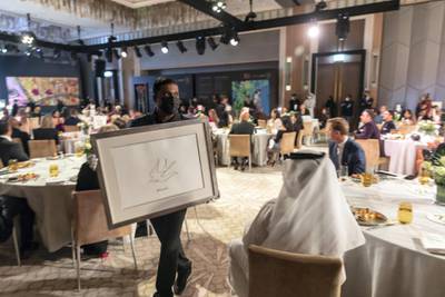 Art on auction at the 100 Million Meals charity auction at the Mandarin Oriental Jumeirah in Dubai on April 24 th, 2021. Antonie Robertson / The National.Reporter: Rory Reynold for National