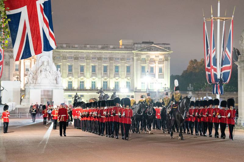 An early morning rehearsal for the procession of Queen Elizabeth's coffin in London. PA