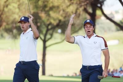 Ludvig Aberg and Viktor Hovland of Team Europe react on the sixth green during the Saturday morning foursomes matches of the 2023 Ryder Cup. Getty