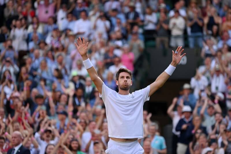 Cameron Norrie of Great Britain celebrates winning against David Goffin of Belgium during their Wimbledon quarter-final. Getty Images