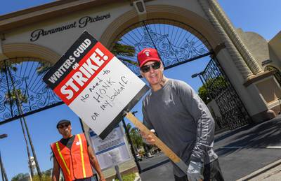 Bob Odenkirk walks the picket line outside Paramount Studios in Los Angeles. AFP