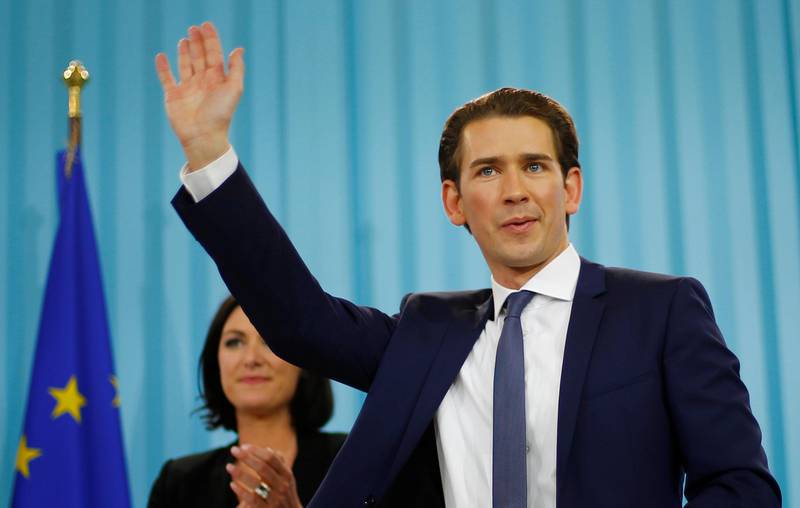 Top candidate of the People's Party (OeVP) Sebastian Kurz attends his party's victory celebration meeting in Vienna, Austria, October 15, 2017. REUTERS/Dominic Ebenbichler     TPX IMAGES OF THE DAY
