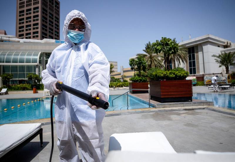 Abu Dhabi, United Arab Emirates, July 23, 2020.   Le Royal Meridien Hotel  Abu Dhabi Covid-19 swimming pool sanitation operations.Victor Besa  / The NationalSection: NAFor:  Standalone / Stock Images
