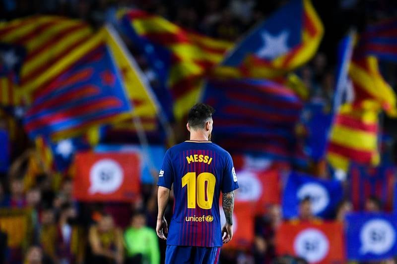 Catalan Pro-Independence flags are waved inside the Camp Nou as Lionel Messi plays in a match between Barcelona and Eibar on September 19, 2017. Getty Images