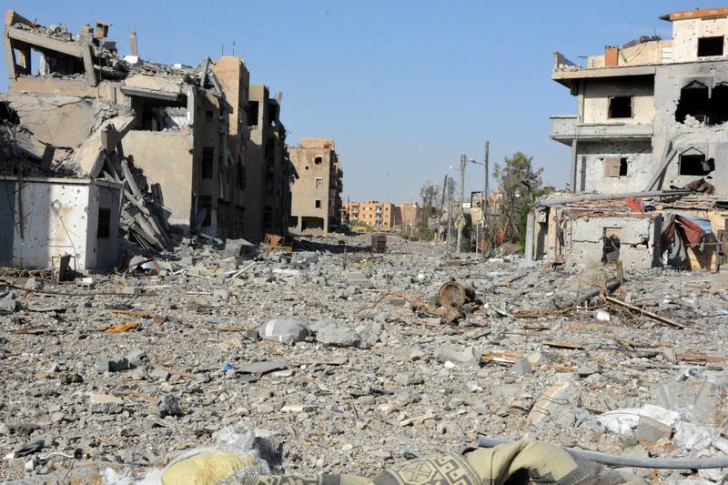 epa06284524 Damaged buildings are seen after fighters from Syrian Democratic Forces (SDF) took control of Raqqa, Syria, 22 October 2017 (issued 23 October 2017). Media reports on 22 October said Russia accused the coalition of heavily bombing Raqqa in the fight against the IS. The US-backed Syrian Democratic Forces announced on 18 October they have seized the majority of the Syrian northeastern city of al-Raqqa concluding a campaign that began on 06 June to liberate the city, former capital of the caliphate self-proclaimed by the IS terror organization in 2014.  EPA/YOUSSEF RABIH YOUSSEF