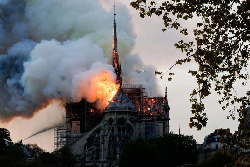 Smoke and flames rise during a fire at the landmark Notre-Dame Cathedral in central Paris on April 15, 2019, AFP