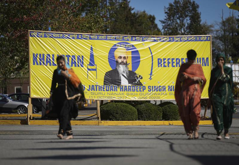 A banner featuring Hardeep Singh Nijjar outside the Sikh temple in Surrey, British Columbia, when he was shot dead in June. AP
