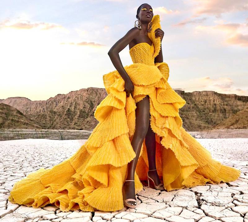 Miss Universe Canada Nova Stevens in a dress by Dubai designer Michael Cinco during her visit to the UAE. Michael Cinco