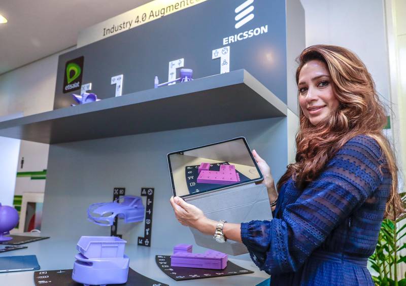 Abu Dhabi, United Arab Emirates, June 20, 2019.   5G Technology presented by Etisalat ant Ericsson. --  Maya Moukbel of Erisson UAE presents Industry 4.0 Augmented Reality to the visitors of the event.Victor Besa/The NationalSection:  BZReporter:  Sarah Townsend