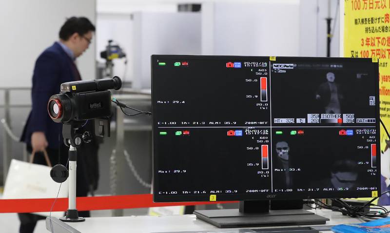A quarantine station measures passenger body temperatures at Narita Airport.  AFP