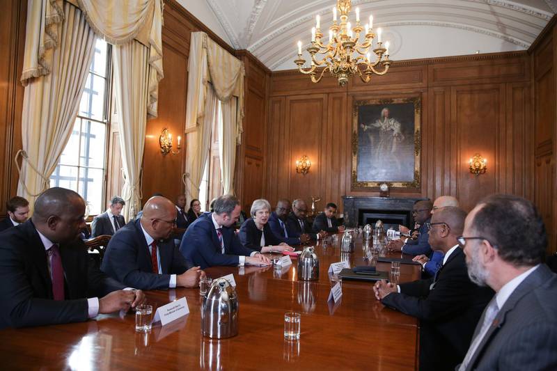 LONDON, ENGLAND - APRIL 17: Britain's Prime Minister Theresa May hosts a meeting with leaders and representatives of Caribbean countries at 10 Downing Street on April 17, 2017 in London, England. Theresa May is meeting Caribbean leaders as the Government faces severe criticism over the treatment of the "Windrush" generation of British residents.  (Photo by Daniel Leal-Olivas - WPA Pool/Getty Images)