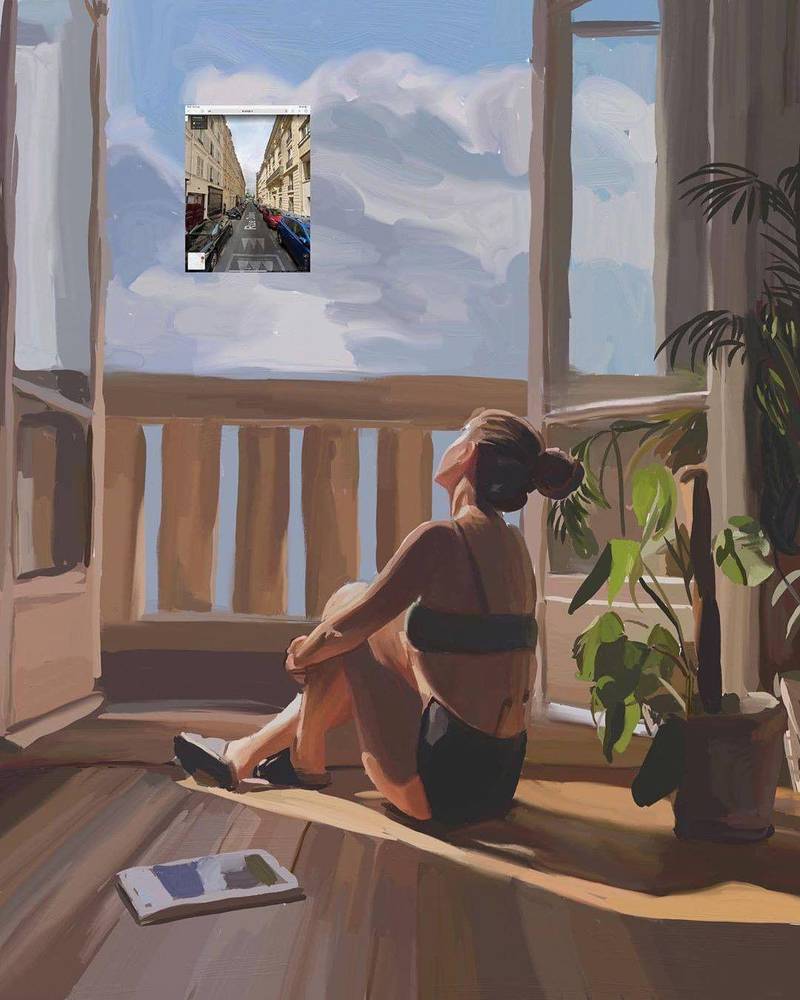 In a work reminiscent of an Edward Hopper painting, Johanna Tordjman depicts a lonesome figure looking out to an image of an empty street. Via @j.tordjman / Instagram