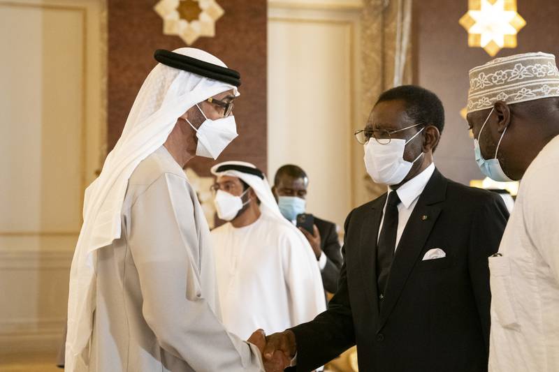 Teodoro Obiang Nguema Mbasogo, president of Equatorial Guinea, centre right, offers condolences to the President, Sheikh Mohamed.