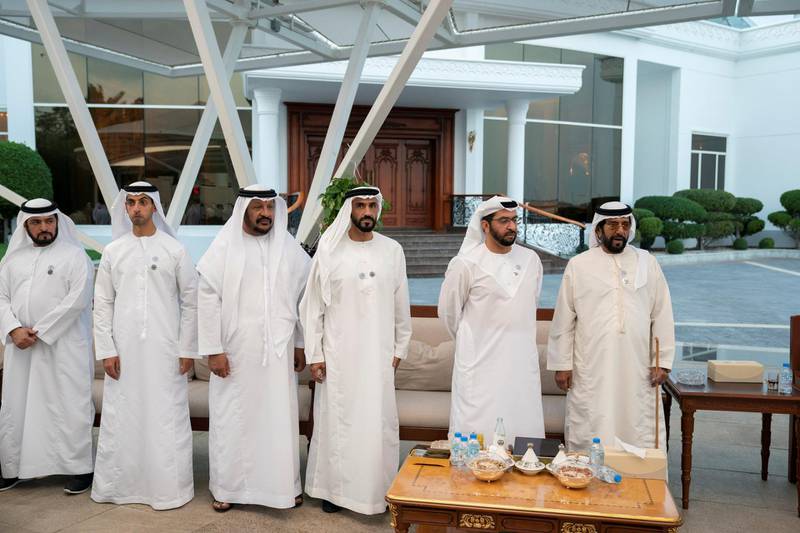ABU DHABI, UNITED ARAB EMIRATES - November 26, 2018: (R-L) HH Sheikh Tahnoon bin Mohamed Al Nahyan, Ruler's Representative in Al Ain Region, HH Sheikh Hamdan bin Zayed Al Nahyan, Ruler���s Representative in Al Dhafra Region, HH Sheikh Nahyan Bin Zayed Al Nahyan, Chairman of the Board of Trustees of Zayed bin Sultan Al Nahyan Charitable and Humanitarian Foundation, HH Sheikh Saeed bin Mohamed Al Nahyan, HH Sheikh Khaled bin Zayed Al Nahyan, Chairman of the Board of Zayed Higher Organization for Humanitarian Care and Special Needs (ZHO) and HH Sheikh Hamdan bin Mubarak Al Nahyan, attend a Sea Palace barza.
( Hamad Al Kaabi / Ministry of Presidential Affairs )?
---