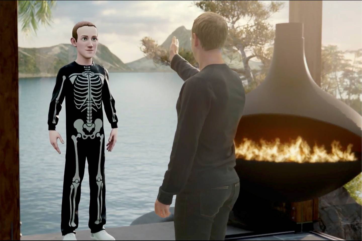 Mark Zuckerberg, CEO von Meta, spricht während einer per Live-Stream übertragenen Virtual- und Augmented-Reality-Konferenz mit einem Avatar von sich selbst.  Reuters