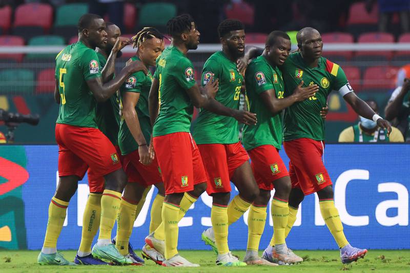 Cameroon players celebrates after Vincent Aboubakar's second goal. AFP