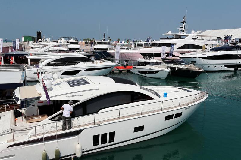DUBAI , UNITED ARAB EMIRATES , February 26 – 2019 :- Different types of Yachts and boats on display at the Dubai International Boat Show held in Dubai. ( Pawan Singh / The National ) For News/Instagram/Big Picture. Story by Nick Webster 