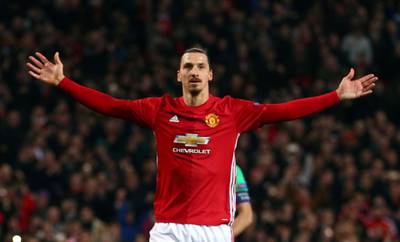 FILE - In this file photo dated Thursday, Feb. 16, 2017, Manchester United's Zlatan Ibrahimovic celebrates after scoring during the Europa League round of 32 first leg soccer match between Manchester United and St.-Etienne at the Old Trafford stadium in Manchester, England. Zlatan Ibrahimovic is eyeing a chance to play at another World Cup even though the coach of Sweden's national team was convinced that the veteran striker had no desire to return. The 36-year-old Ibrahimovic retired from international soccer after the 2016 European Championship to focus on prolonging his club career. Ibrahimovic says "the door hasn't been shut to anything." (AP Photo/Dave Thompson/File)