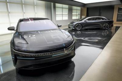 Lucid Air prototype electric vehicles, manufactured by Lucid Motors Inc., are displayed at the company's headquarters in Newark, California, U.S., on Monday, Aug. 3, 2020. The final specs and design of the Lucid Air are due to be unveiled at an event in September and executives say customers can now expect delivery of the first batch of Airs in spring 2021. Photographer: David Paul Morris/Bloomberg