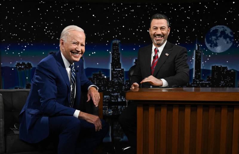 US President Joe Biden sits next to host Jimmy Kimmel as he makes his first in-person appearance on 'Jimmy Kimmel Live!' during his Los Angeles visit to attend the Summit of the Americas, in Hollywood, California, June 8, 2022. AFP
