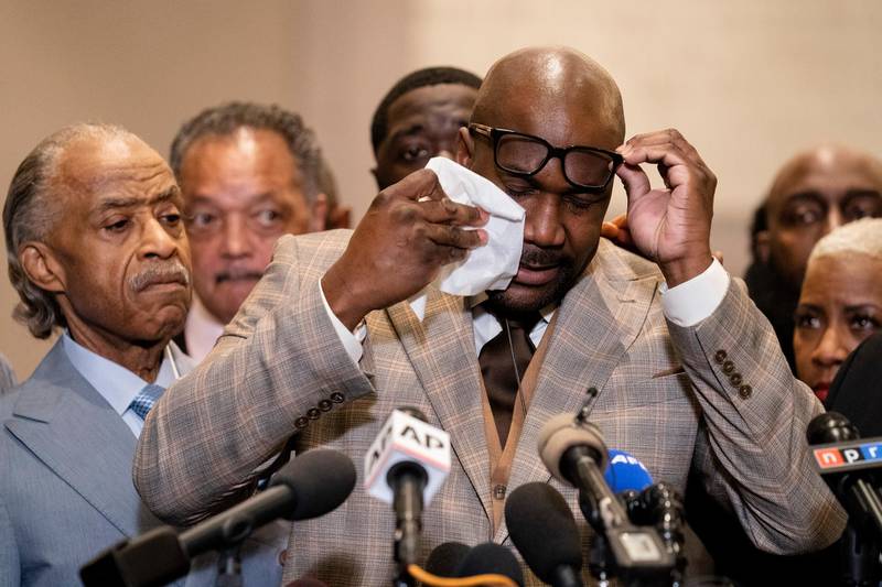 Philonise Floyd, brother of George Floyd, wipes tears from his eyes as he speaks during a news conference after former Minneapolis police Officer Derek Chauvin is convicted in the killing of George Floyd. AP Photo