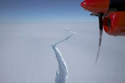 A aerial view taken in Jan. 2021 and issued on Friday July 26, 2021 by the British Antarctic Survey showing a massive crack in the Brunt Ice Shelf in Antarctica. A huge iceberg the size of the English county of Bedfordshire has broken off the 150-m thick Brunt Ice Shelf, almost a decade after scientists at British Antarctic Survey (BAS) first detected growth of vast cracks in the ice.(British Antarctic Survey via AP)
