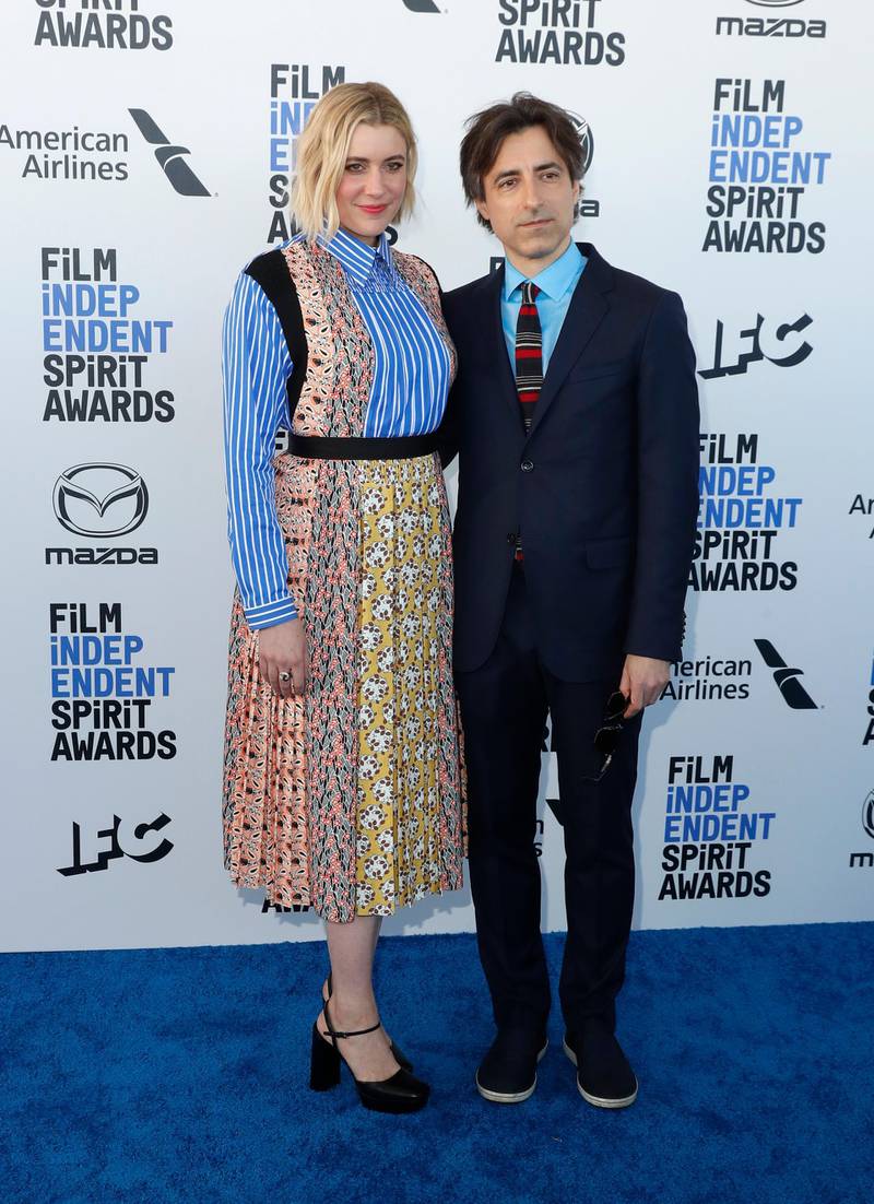 Greta Gerwig in Prada Resort and Noah Baumbach arrive for the 35th Film Independent Spirit Awards in California on February 8, 2020. Reuters