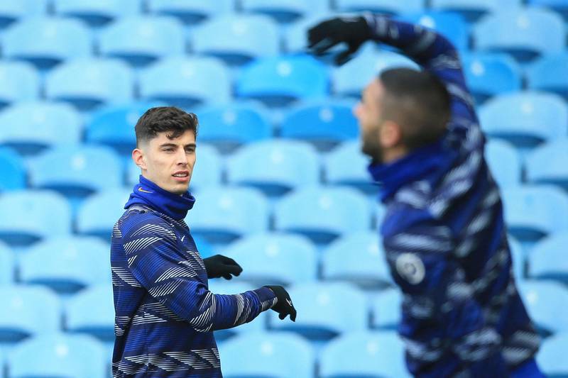 Chelsea's German midfielder Kai Havertz warms up ahead of the English Premier League football match between Leeds United and Chelsea at Elland Road in Leeds, northern England on March 13, 2021. RESTRICTED TO EDITORIAL USE. No use with unauthorized audio, video, data, fixture lists, club/league logos or 'live' services. Online in-match use limited to 120 images. An additional 40 images may be used in extra time. No video emulation. Social media in-match use limited to 120 images. An additional 40 images may be used in extra time. No use in betting publications, games or single club/league/player publications.
 / AFP / POOL / Lindsey Parnaby / RESTRICTED TO EDITORIAL USE. No use with unauthorized audio, video, data, fixture lists, club/league logos or 'live' services. Online in-match use limited to 120 images. An additional 40 images may be used in extra time. No video emulation. Social media in-match use limited to 120 images. An additional 40 images may be used in extra time. No use in betting publications, games or single club/league/player publications.
