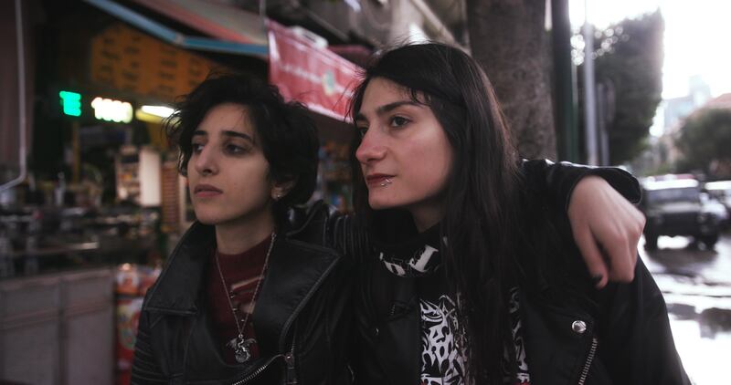 Lilas Mayassi, left, and Sherry Bechara, founders of the all-female Lebanese thrash metal band Slave to Sirens, as seen in the documentary 'Sirens' directed by Rita Baghdadi. Photo: Rita Baghdadi