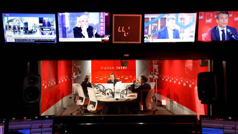 Emmanuel Macron speaks to journalists at the Maison de la Radio in Paris. AFP