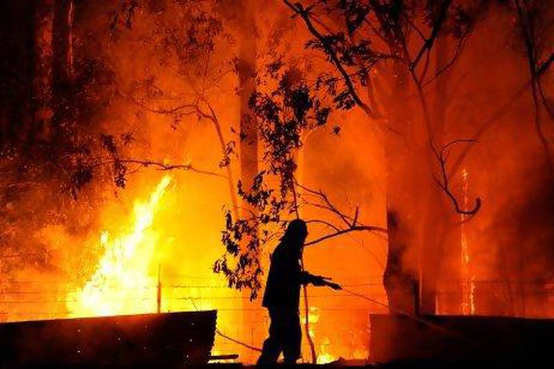 A fireman is almost surrounded by red hot flames as he protects a property near the town of Wandandian south of Nowra.