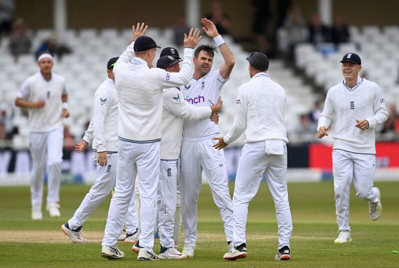 James Anderson of England celebrates dismissing New Zealand captain Tom Latham for four. Getty