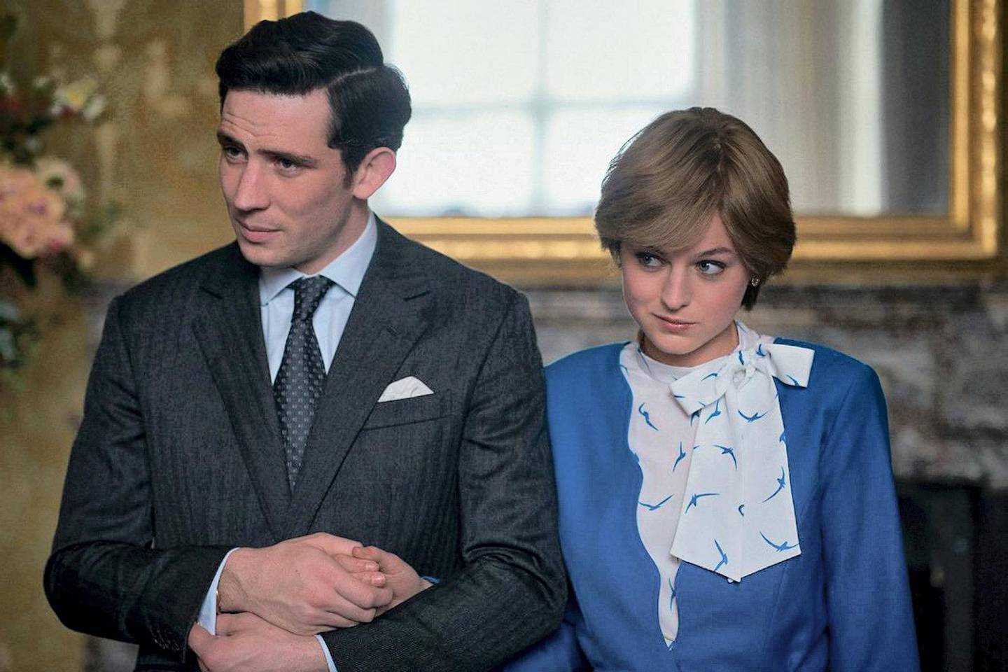 Josh O'Connor, left, and Emma Corrin have both won Golden Globes for their performances as Prince Charles and Princess Diana in 'The Crown'. Netflix 