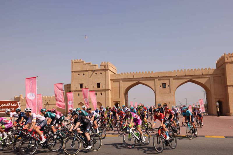 The peloton sets off from Fujairah Fort at the start of Stage Four. AFP