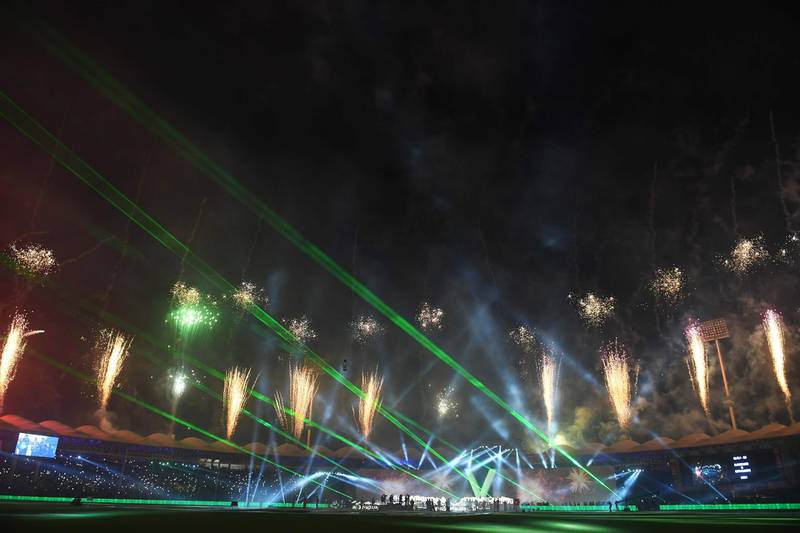 Fireworks explode over the National Cricket Stadium during the opening ceremony of the Pakistan Super League in Karachi on Thursday, February 20. AFP