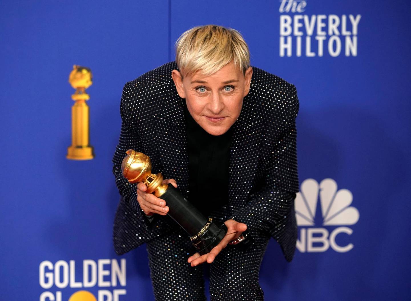 FILE PHOTO: 77th Golden Globe Awards - Photo Room - Beverly Hills, California, U.S., January 5, 2020 - Ellen DeGeneres poses backstage with her Carol Burnett award. REUTERS/Mike Blake/File Photo