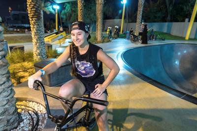 DUBAI, UNITED ARAB EMIRATES. 12 October 2017.  Skater girl article. A groth in girls taking up wheeled extreme sports has been noticed at the X Dubai Skate Park next to Kite Beach. Polina Legkun (Ukraine 14) on her BMX. (Photo: Antonie Robertson/The National) Journalist: Nick Webster. Section: National.