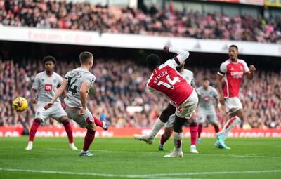 Arsenal's Eddie Nketiah scores his side's second. PA 