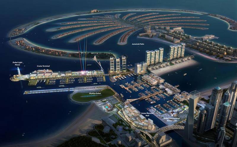 A Rendering of Dubai Harbour, which is to be nestled between the Palm Jumeirah and Jumeirah Beach Residences. Wam