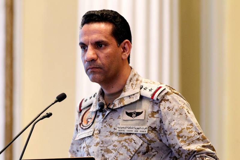 epa06673850 Colonel Turki al-Maliki, spokesman for the Saudi-led coalition forces against Houthi forces, addresses a news conference in Al-Khobar, Saudi Arabia, 16 April 2018. Officials said that  Riyadh Air Defense intercepted five missiles and two unmanned aircraft over the past few days.  EPA/Ahmed Yosri