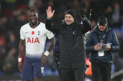 Soccer Football - Premier League - Crystal Palace v Tottenham Hotspur - Selhurst Park, London, Britain - November 10, 2018  Tottenham manager Mauricio Pochettino and Moussa Sissoko celebrate after the match  Action Images via Reuters/Peter Cziborra  EDITORIAL USE ONLY. No use with unauthorized audio, video, data, fixture lists, club/league logos or "live" services. Online in-match use limited to 75 images, no video emulation. No use in betting, games or single club/league/player publications.  Please contact your account representative for further details.