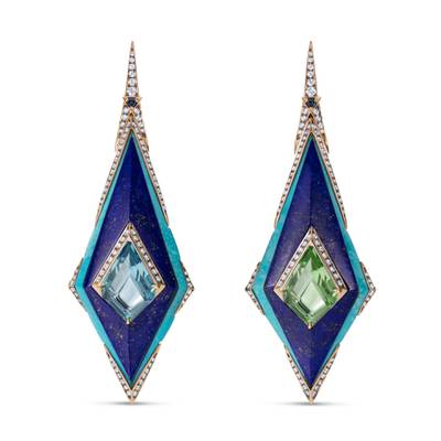 A pair of earrings by Noor Fares, crafted from gold, lapis lazuli, turquoise, aquamarine, green beryl, blue sapphire and white diamonds. Courtesy Sotheby's