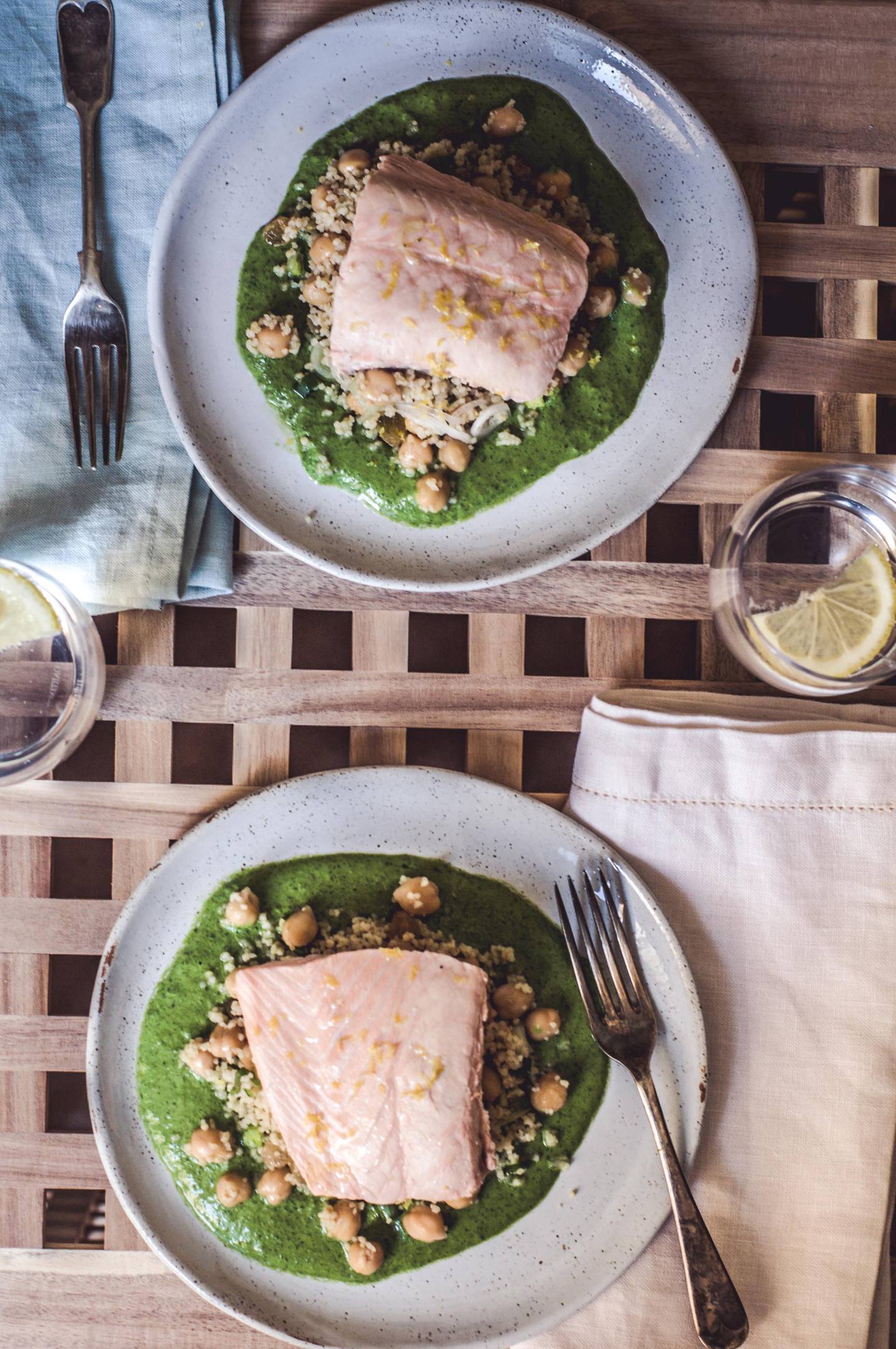 Poached salmon with spiced couscous and herb-yogurt dressing