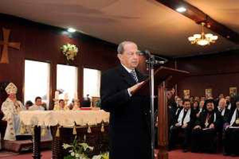 Lebanese Free Patriotic Movement Leader and MP Michel Aoun  speaks during a service at a church in the village of Brad, near Aleppo in Syria, on February 9, 2010 on the occasion of Saint Maroun's day. The Maronites, who make up the majority of Christians in Lebanon, are a Roman Catholic denomination and have been a distinct community since the seventh century, when they separated in the doctrinal dispute over monotheletism. They returned to communion with the Pope in the 12th century. AFP PHOTO/STR *** Local Caption ***  813897-01-08.jpg *** Local Caption ***  813897-01-08.jpg
