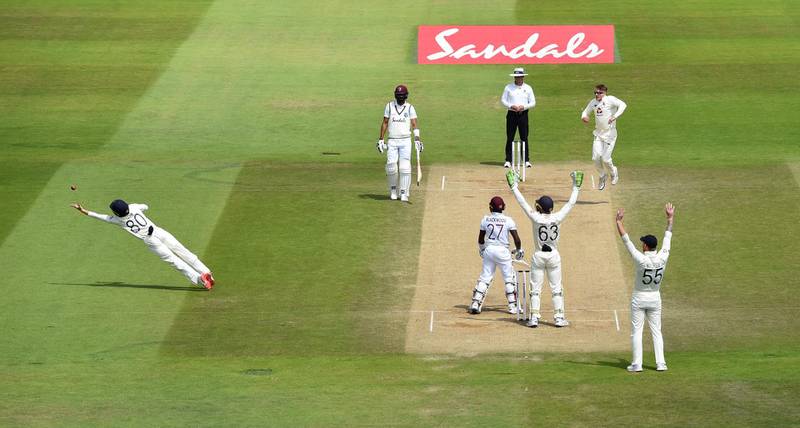 A shot from Jermaine Blackwood is just out of Ollie Pope's reach. Getty