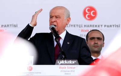 Devlet Bahceli, leader of Nationalist Movement Party (MHP), addresses his supporters during an election rally in Ankara, Turkey, on June 23, 2018. Stoyan Nenov / Reuters